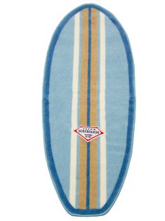 a surfboard with blue and yellow stripes on it