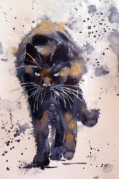 a painting of a black cat with blue eyes