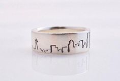 Seattle Cityscape Ring, 8mm Band, Handcrafted in Recycled Silver, Silver-Palladium, Palladium, Gold, Mountain Rings, Cityscape Rings, Silver Mountain Ring, The Cascades, The Emerald City, Alternative Wedding Bands, Mountain Ring, Silver Mountain, Hand Piercing