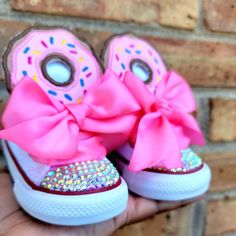 Donut Birthday Bling Shoes - Sprinkles Birthday Outfit Shoes - First Birthday  Custom Shoes - Frosting Bling Converse This listing is for a custom pair of shoes for a birthday or just because. The donut is pink, tan, purple and turquoise. The shoes are white and comes with ruffle Anklets in Pink. Your little one will love these shoes. Please do not leave children unattended while wearing the bling shoes due to the small pieces. All images are professionally pressed onto items.  These images are Pink Round Toe Sneakers For Birthday, Pink Lace-up Sneakers For Birthday, Pink Low-top Sneakers For Birthday, Pink Lace-up Sneakers For Gift, Cute High-top Sneakers For Parties, Cute Custom Pink Sneakers With Round Toe, Cute Pink Custom Sneakers With Round Toe, Cute Low-top Sneakers For Birthday, Pink High-top Sneakers For Party