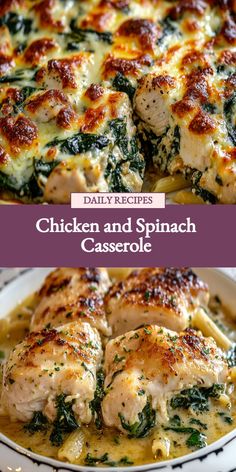 chicken casserole, spinach casserole, easy casserole recipe, comfort food, one-pot meal, baked chicken dish Chicken And Spinach Casserole, Spinach Casserole Recipes, Spinach Casserole, Tender Chicken, Creamy Cheese, Weeknight Dinners, Casserole Recipe, Chicken Tenders, Weeknight Dinner