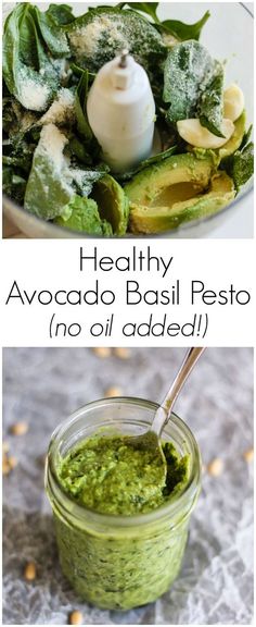 avocado basil pest in a glass jar next to a bowl of salad dressing