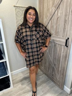 Cozy up and take on the cooler months in style with this Fall Oversized Plaid Flannel Button Down Dress! Its relaxed fit is perfect for layering or wearing on its own, and with its versatility, it can easily double as a tunic. No more flipping through countless outfits--this dress has you covered! SIZE DOWN! This is meant to be oversized, but most people size down one or two sizes. I'm in a medium here with PLENTY OF ROOM. This would be an adorable tunic with leggings if sizing down makes it too Shirt Dress Outfit Winter, Tunics With Leggings, Chic Shop, Button Down Dress, Plaid Flannel, No More, Dresses For Sale, Button Downs, Layering