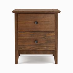 a wooden nightstand with two drawers on one side and an open drawer on the other