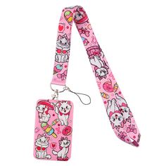 a pink lanyard with dogs on it and hearts around the neck, along with an id card holder