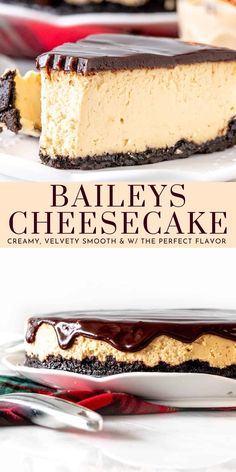 a slice of bailey's cheesecake on a plate with the title above it