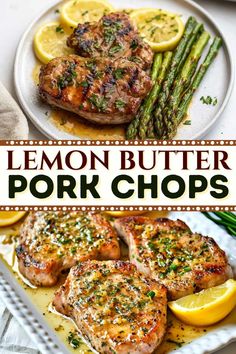 lemon butter pork chops on a plate with asparagus and lemon wedges