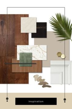 an interior design board with wood, marble and other items on it's side