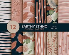 earthy ethnic digital papers with leaves and stripes