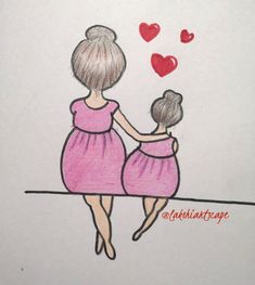 a drawing of two women holding hands with hearts floating above them