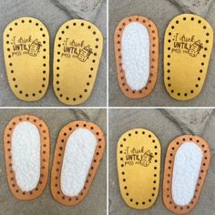 four different images of foot pads with words on them and pictures of the soles