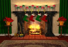 a christmas fireplace with stockings hanging over it