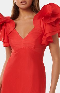 This ever-enchanting dress is designed in a fiery hue and framed by luscious voluminous ruffles. 53 1/2" length (size 8) Hidden side-zip closure V-neck Short sleeves Lined 72% lyocell, 15% linen, 13% polyamide Hand wash, line dry Imported Red Ruffle Dress With Ruffle Hem For Evening, Red Ruffle Hem Dress For Evening, Red Evening Dress With Ruffled Straps, Red Ruffle Dress For Evening, Ruffle Shoulder Dress, Enchanting Dress, Lace Dress Styles, Red Fits, Forever New