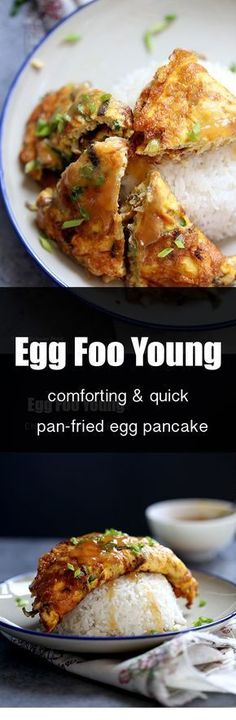 an egg foo young recipe on a plate with rice