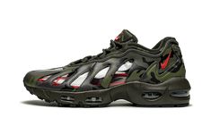 The Supreme x Nike Air Max 96 “Camo” is one of the colorways of the retro running shoe designed by the New York based streetwear brand in 2021. While contemporaries like the Nike Air Max 1 and Air Max 90 are among the most readily available models offered by Nike, the Air Max 96 is obscure. Some would argue that’s the very reason why Supreme chose the model for its Spring/Summer 2021 collection. The streetwear brand modifies the design with translucent panels to its side profile. The new look re Nike Streetwear, Custom Green Sneakers With Air Max For Streetwear, Air Max 96, Nike Air Max Plus Supreme Green, Stussy Air Max 2013, Military Camouflage Shorts For Streetwear, Camouflage Military Trucker Hat For Streetwear, Retro Running Shoes, Running Shoes Design