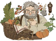 an old man is sitting in front of a basket full of vegetables and other things