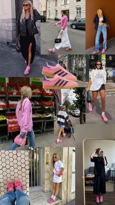 Pink Adidas Gazelle Shoes Outfit, Styling Pink Sneakers Outfit, Pink And Blue Gazelle Outfit, Pink Adidas Outfits, Pink Platform Gazelle Outfit, Gazelle Summer Outfit, Adidas Samba Outfit Dress, Pink Adidas Samba Outfit, Samba Pink Outfit