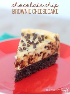 a piece of chocolate chip brownie cheesecake on a red plate with the title above it