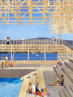 an artist's rendering of people relaxing on the deck of a building next to a swimming pool