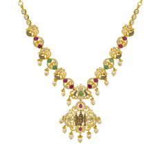 A true reflection of cultural elegance, this 22k yellow gold Temple necklace by Virani Jewelers features a striking combination of rubies, emeralds, pearls, and cubic zirconia. The vibrant gemstones used in the beautiful gold necklace are meticulously set to create a harmonious design that speaks of tradition and sophistication. This piece of Indian gold jewelry is ideal for those who appreciate the richness of 22k gold, making it a distinguished addition to any collection.Features• 22k yellow g Traditional 22k Gold Multi-stone Necklaces, Traditional Multi-stone 22k Gold Necklace, Yellow Gold Emerald Necklace For Festivals, 22k Gold Multi-stone Temple Jewelry Necklace, 22k Gold Multi-stone Temple Necklace, 22k Gold Jeweled Necklace, Festive 22k Gold Jeweled Necklaces, Festive Jeweled 22k Gold Necklaces, Festive Yellow Gold Emerald Necklace For Celebration