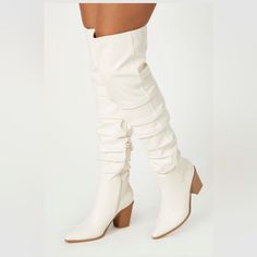 Brand New Cream Color Size 7.5 Pointed Toe Knee-high Synthetic Boots For Spring, Synthetic Knee-high Boots For Spring, Fitted Synthetic Summer Boots, Fitted Cream Synthetic Boots, Chic Summer Boots In Synthetic Material, Chic Synthetic Summer Boots, Chic Faux Leather Summer Boots, Chic Summer Synthetic Boots, Shoes Heels Boots