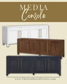 the med la console cabinet is shown in three different colors and finishes, along with two other cabinets