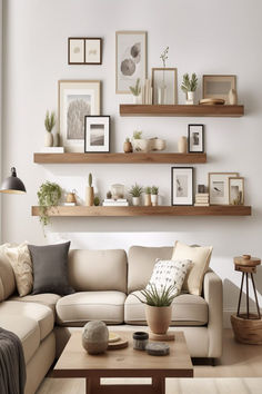 A photorealistic modern living room featuring a beige couch with a neatly arranged picture wall above. Living Room Wall Shelves Ideas, Minimal Living Room Decor Simple, Living Shelf Decor, Shelves In Family Room, Living Room Decorative Wall, Two Floating Shelves Living Room, Minimal Decoration Living Room, Minimalist Wall Shelves, Wall Art Shelves