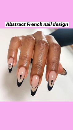 Symmetrical Nail Designs, Unique Tip Nails, Spring Dark Nails, Minimalist Abstract Nail Art, Corner Tip Nails, Half French Nail Design, Linework Nail Design, Black Double Line French Tip Nails, Edgy French Tip Nails