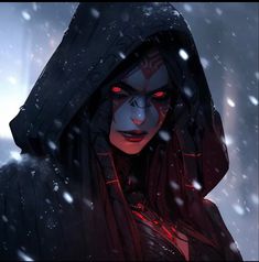 an evil looking person with red eyes and black hoodie, in the dark snow