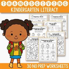 Looking for some fun and interactive No Prep Thanksgiving Literacy Worksheets for your students? This packet will help you during this busy time of the year and will keep your students engaged every step of the way. INCLUDES: - Printable PDF -Thanksgiving Literacy No Prep Set (30 pages, 8.5 x 11 in) - Cover - Summary - 30 Worksheets - Answer Key - Terms Of Use, Credits and Printing Instructions /**/ WORKSHEETS INCLUDED: • Thanksgiving Vocabulary - Color the Words Color each picture with the colo Thanksgiving Literacy, Thanksgiving Activities For Kindergarten, Sight Word Fun, Literacy Worksheets, Thanksgiving Color, Activities For Kindergarten, Vowel Sound, Beginning Sound, Rhyming Words