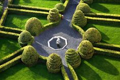 an aerial view of a garden with many trees and bushes in the shape of hexagons