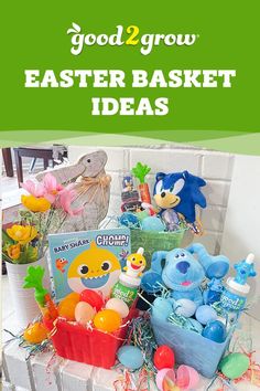 an easter basket filled with toys and other items that are on top of a table