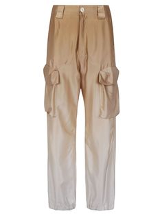 Silk cargo trousers Elastic and buttons on the bottom Belt loops Mid-leg patch pockets Gradient coloring Colour: beige Composition: 100% silk Cream Cargo Pants With Pockets For Workwear, Beige Trousers With Flap Pockets, Cream Cargo Pants For Workwear, Cream Utility Cargo Pants With Pockets, Cream Utility Cargo Pants, Utility Cream Cargo Pants, Beige Straight Parachute Pants With Cargo Pockets, Beige Parachute Pants With Cargo Pockets, Beige Parachute Pants With Multiple Pockets