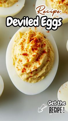 deviled eggs with red pepper sprinkled on top and the words recipe deviled eggs