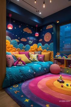 this is a bedroom with colorful walls and rugs