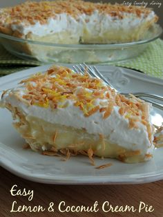 a piece of lemon and coconut cream pie on a plate with a fork next to it