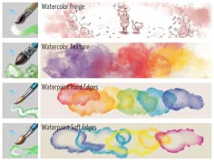 four different watercolor brushes and colors that are used to paint the same painting material