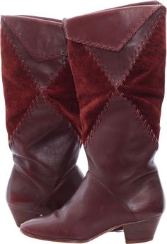 Super cute early 1980s warm brown (oxblood) boots with both suede and leather. Stacked wood heel. Made in Brazil.•Size = 5•Heel = 1.5"•Height from floor to top = 13.75"•Toe to heel = 9.25"•Ball to heel = 6.25"In good vintage condition, with the wear you would expect from boots this age (see photos). Oxblood Boots, Boots Boho, Oxblood Leather, Black Chunky Heels, Silver Sneakers, Boho Shops, Chunky Heel Pumps, Wood Heel, Womens Athletic Shoes