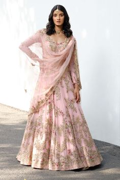 Miriam pink bridal chiffon anarkali set – INDIASPOPUP.COM Chiffon Anarkali, Dolly J, Floral Print Gowns, Zardosi Embroidery, Tuxedo Accessories, Wedding Lehenga Designs, Zardozi Embroidery, Summer Bride, Saree Gown