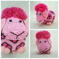 three pictures of a stuffed animal with pink hair