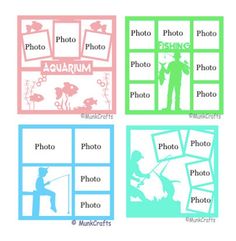 four different pictures with the words aquarium and fisherman on them, all in pastel colors