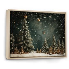 a christmas scene with trees and stars in the night sky canvas wall art print on wood frame