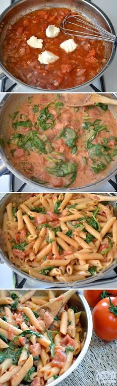 four pans filled with pasta and sauce on top of a stove next to tomatoes