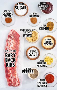 the ingredients to make an easy baby back ribs recipe are shown in separate bowls and labeled on each side