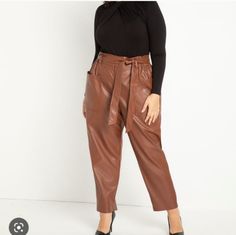 Eloquii -Paper Bag Waist Faux Vegan Leather High Rise Cropped Pants -Color: Brown -Size: 20 (Plus Size) -Condition: New With Tags Leather Pants Outfit Brown, Leather Pants Women, Leather Pant, Belted Pants, Plus Size Designers, Plus Size Pants, Faux Leather Fabric, Jumpsuit Trousers, Faux Leather Pants