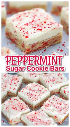 peppermint sugar cookie bars with white frosting and red sprinkles