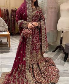 Party wear dresses ideas Red Pakistani Bridal Dress, Red Sharara Suit, Silk Sharara Suit, Baraat Dress, Red Sharara, Silk Sharara, Sharara Pants