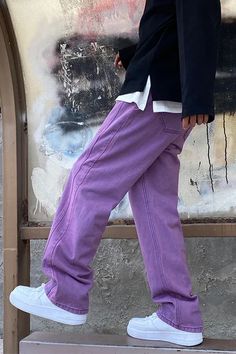 High Waist Hip Hop Purple Jeans Pants – Nada Outfit Land Cargo Baggy Pants, Men Jeans Loose, Pants Korean, Hip Hop Jeans, Men Jeans Pants, Denim Decor, Purple Jeans, Jean Straight, Mens Fashion Jeans