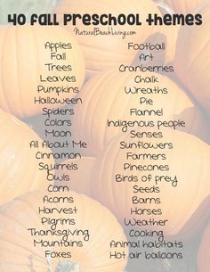 a bunch of pumpkins with the words, 40 fall preschool - themes