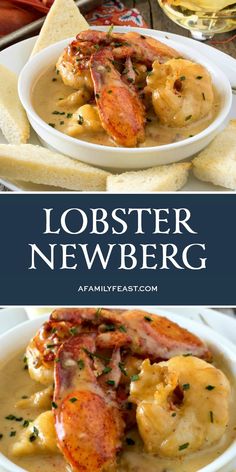 lobster stew in a white bowl with bread on the side and wine glass next to it